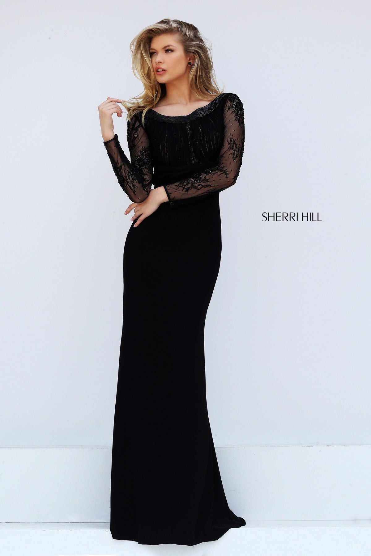 Sherri Hill 50511 long-sleeve lace bodice jersey gown in black