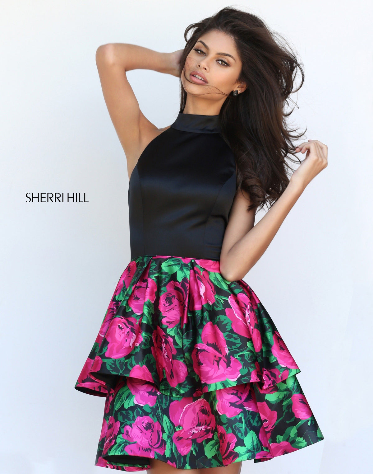 Sherri Hill 50721 cocktail dress with floral print tiered skirt