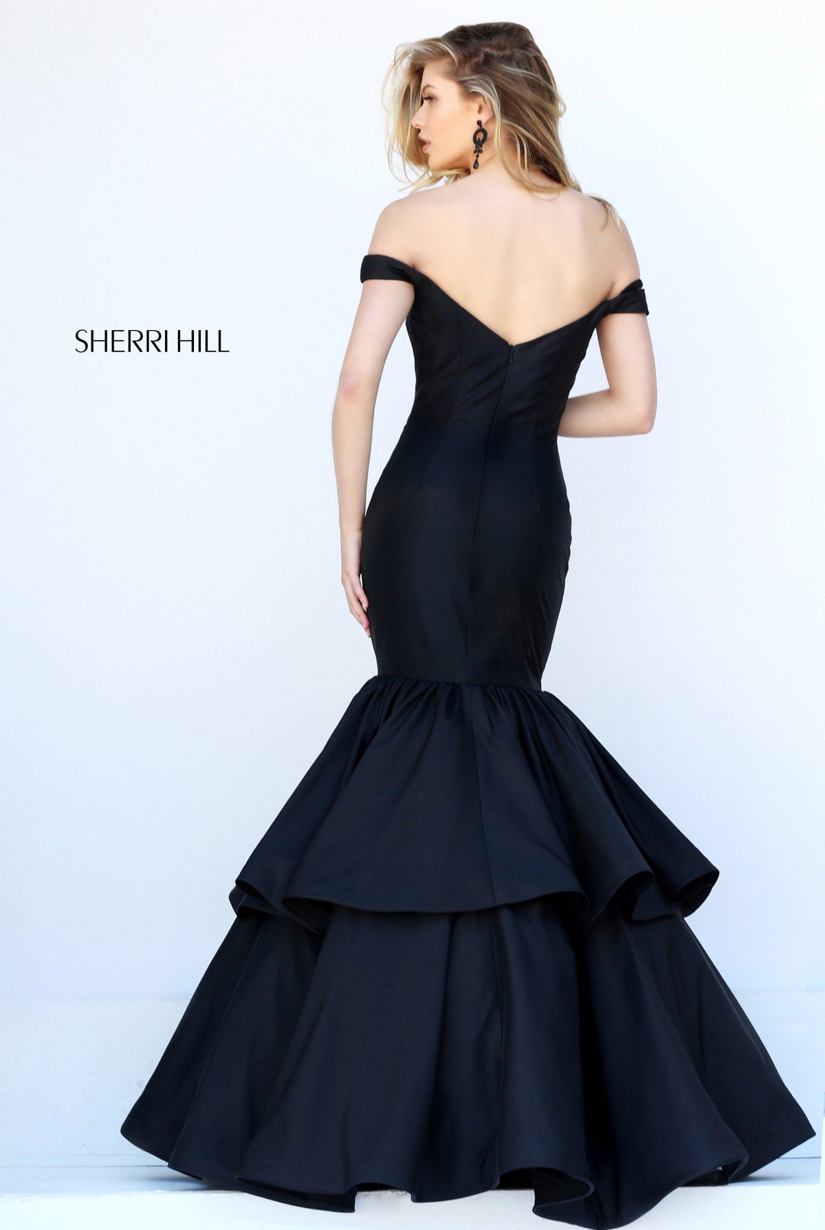 Sherri Hill 50718 off-the-shoulder satin mermaid gown with tiered skirt