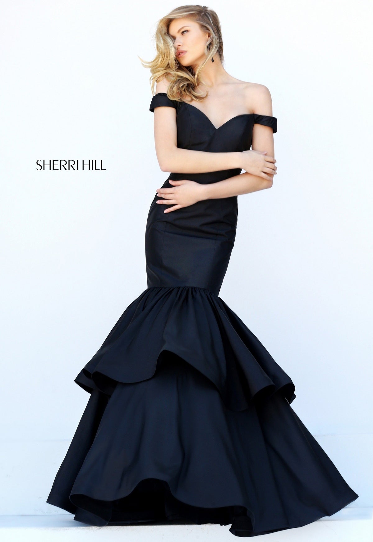 Sherri Hill 50718 off-the-shoulder satin mermaid gown with tiered skirt in black
