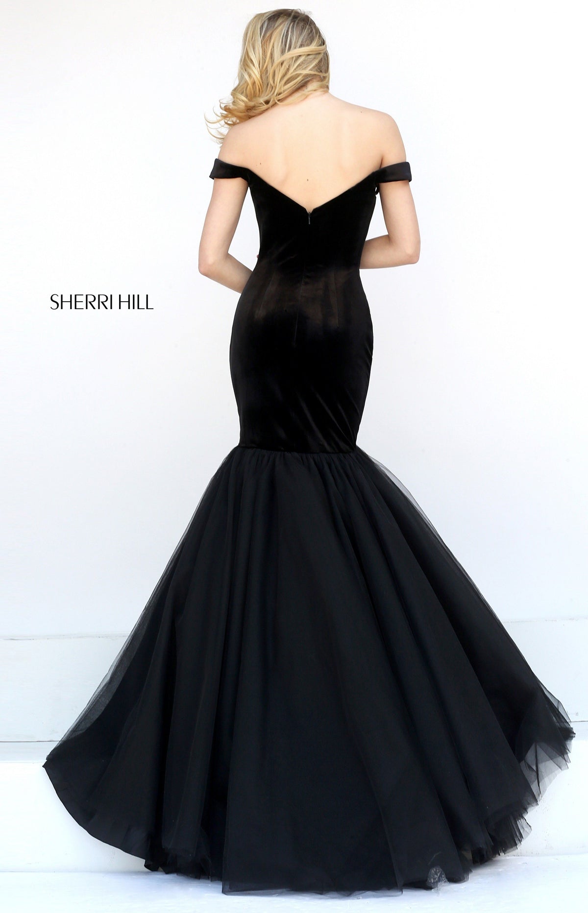 Sherri Hill 50717 off-the-shoulder velvet mermaid gown with tulle skirt