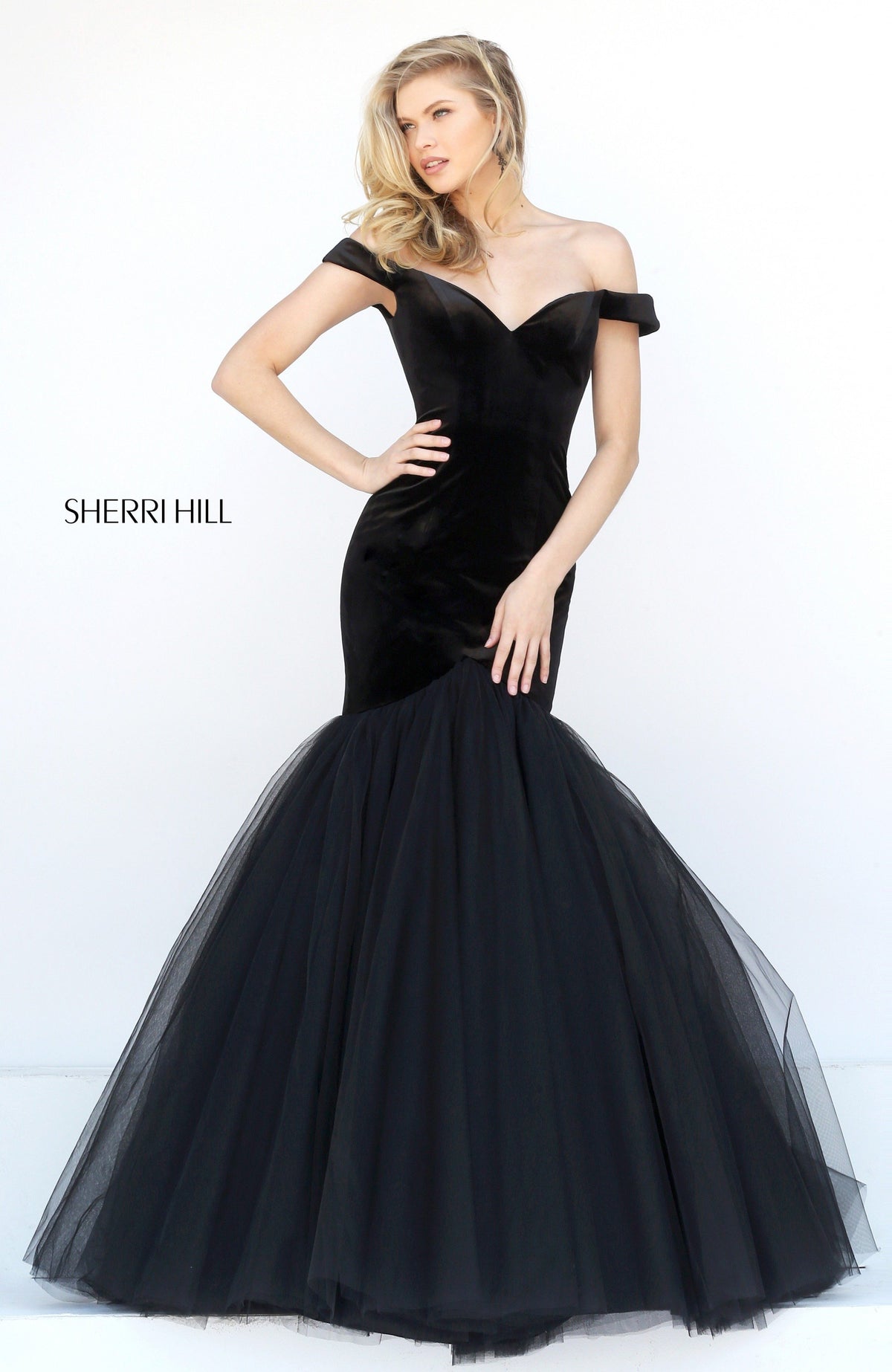Sherri Hill 50717 off-the-shoulder velvet mermaid gown with tulle skirt in black
