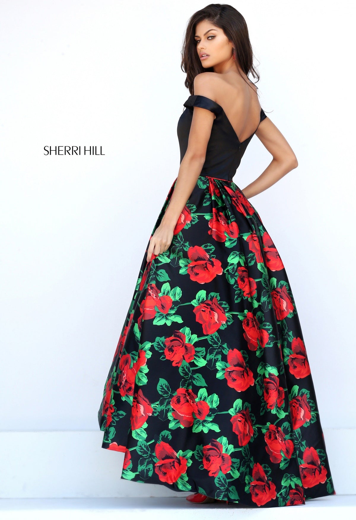 Sherri Hill 50715 off-the-shoulder floral print high-low gown