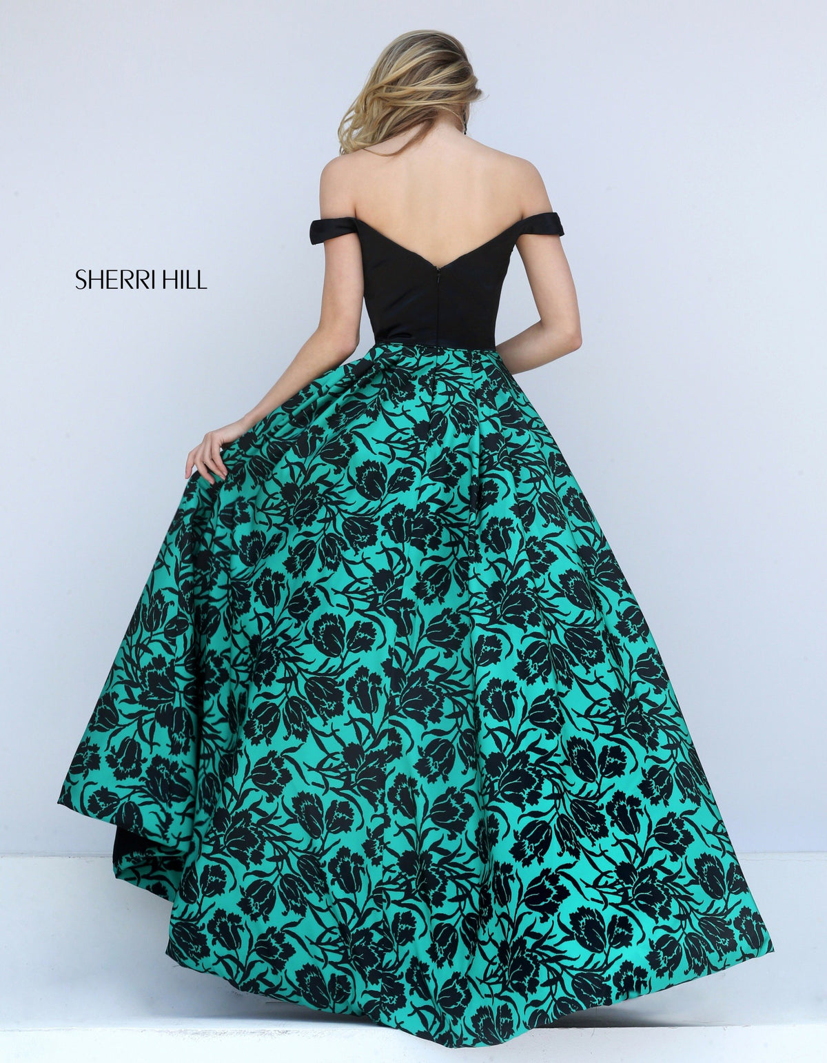 Sherri Hill 50714 V-neck print high-low ball gown in black/emerald print