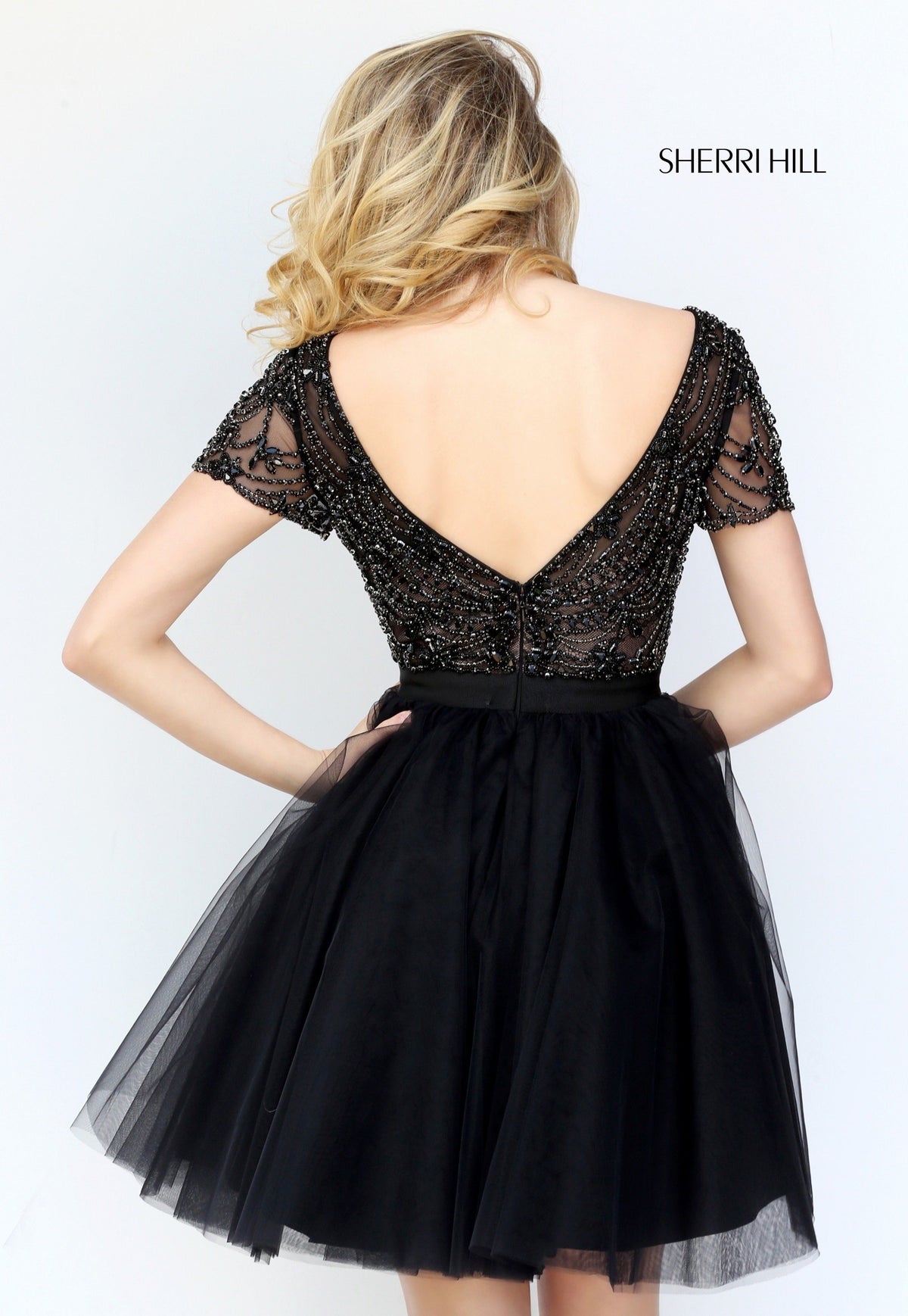 Sherri Hill 50709 cap-sleeve lace bodice cocktail dress with tulle skirt