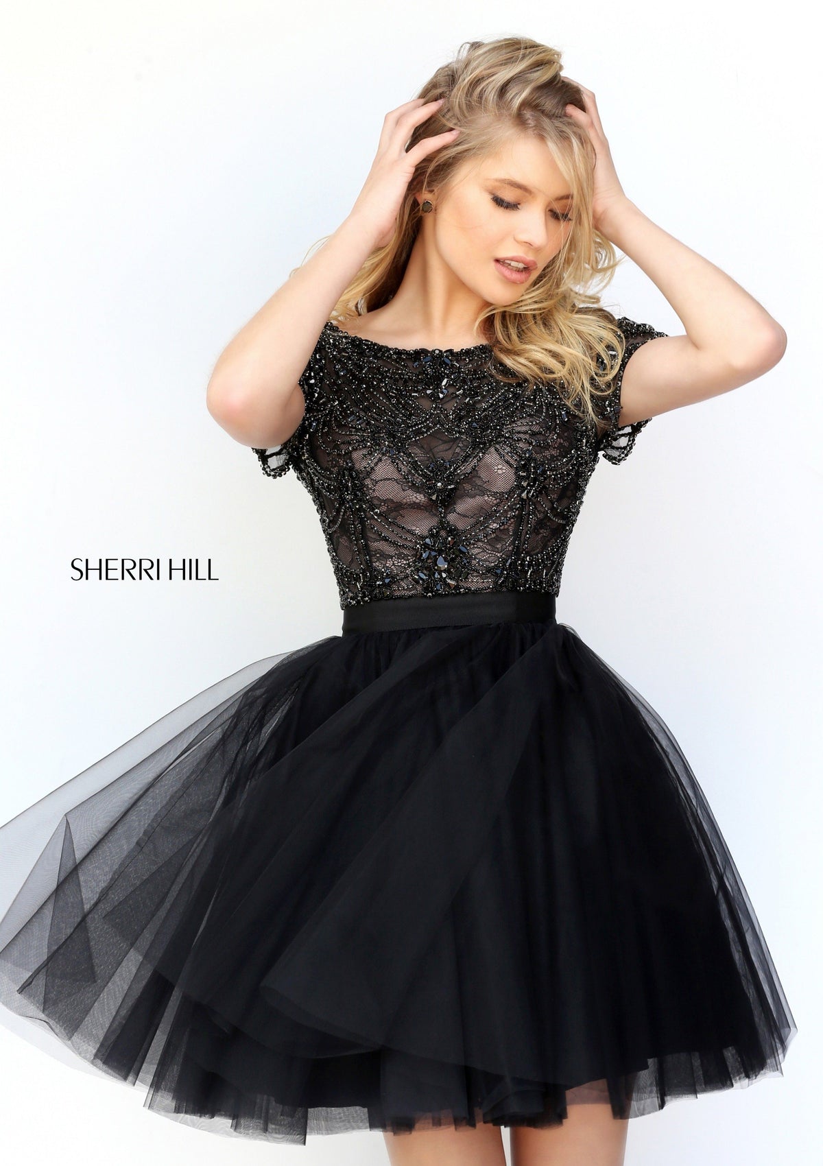 Sherri Hill 50709 cap-sleeve lace bodice cocktail dress with tulle skirt