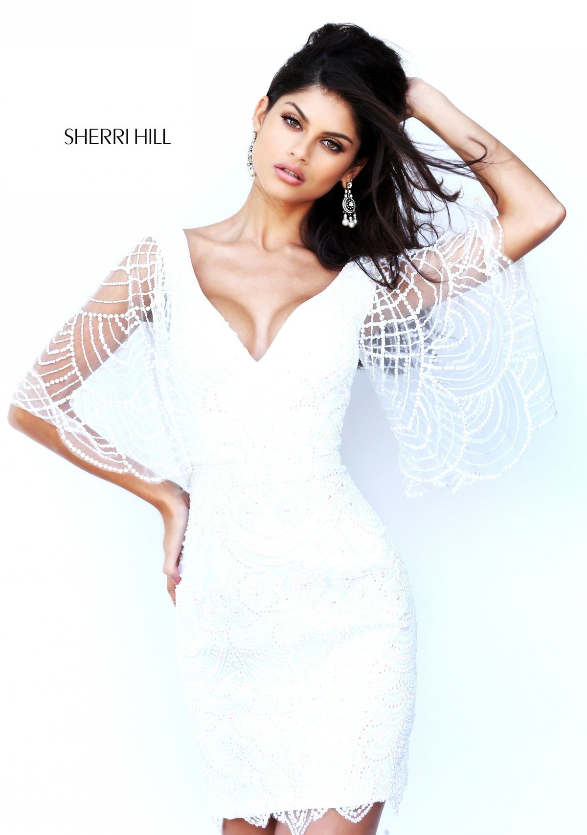 Sherri Hill 50696 V-neck fitted cocktail dress with sheer cape sleeves