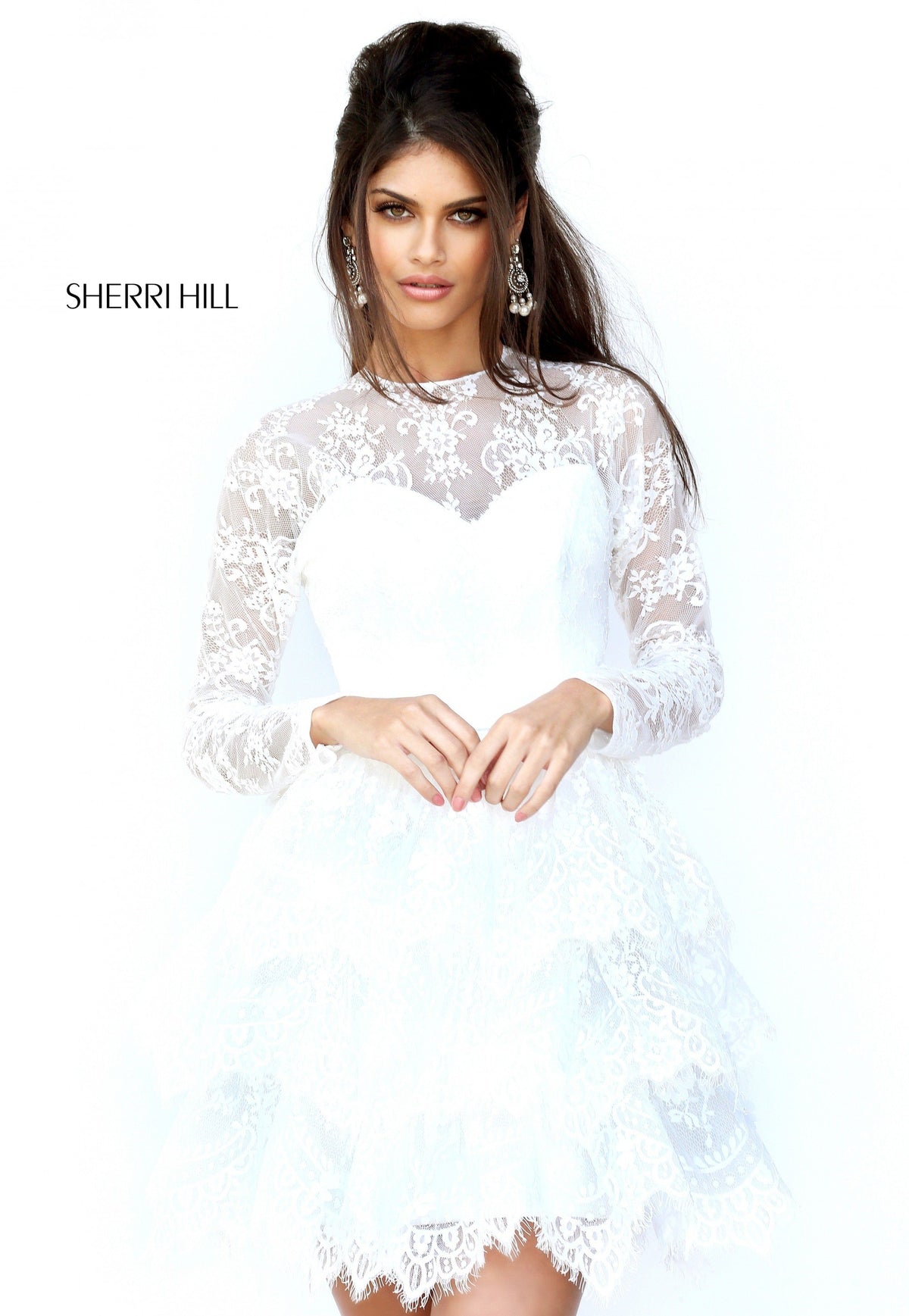 Sherri Hill 50686 long-sleeve lace cocktail dress with ruffled skirt in ivory