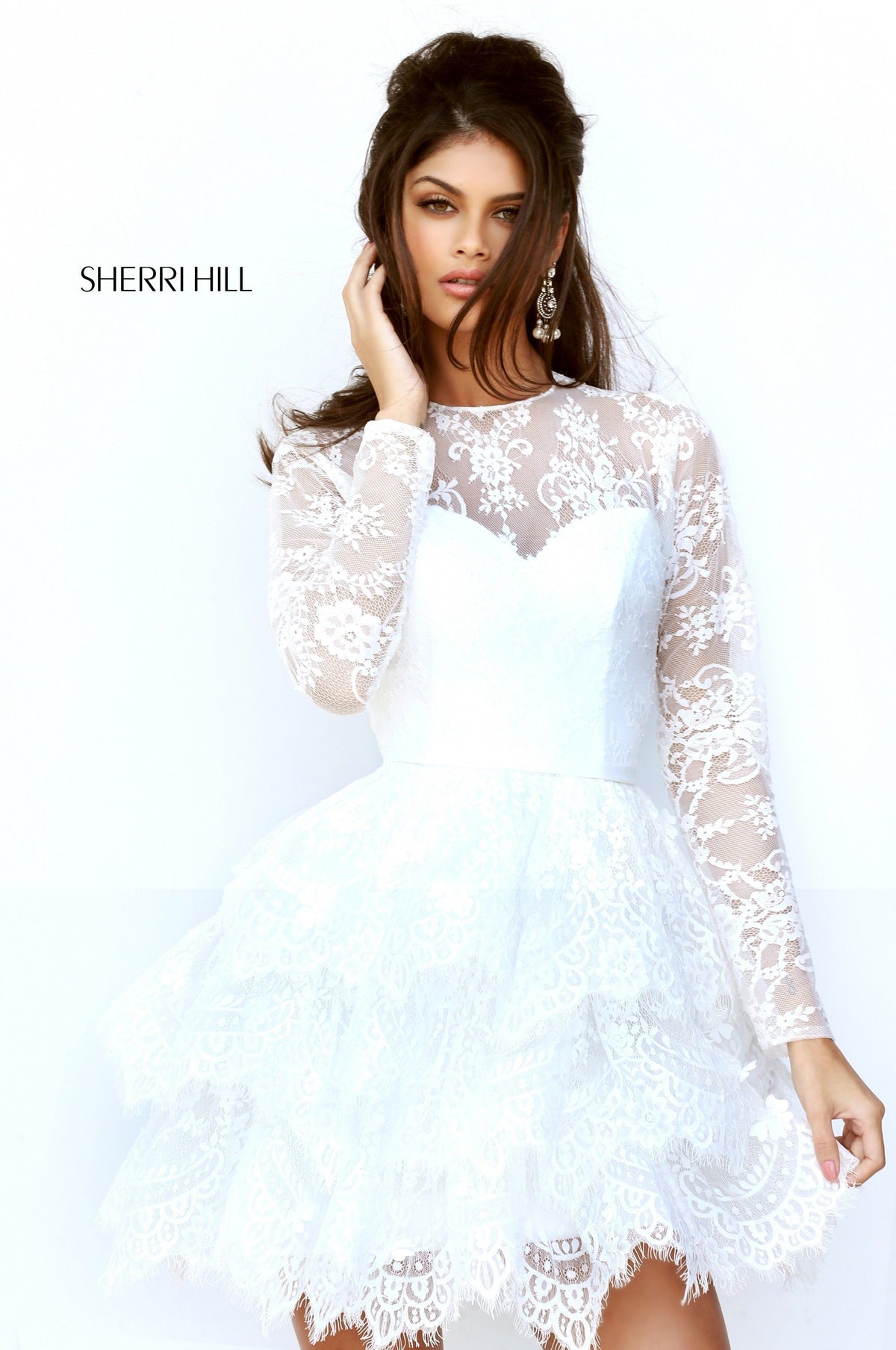 Sherri Hill 50686 long-sleeve lace cocktail dress with ruffled skirt
