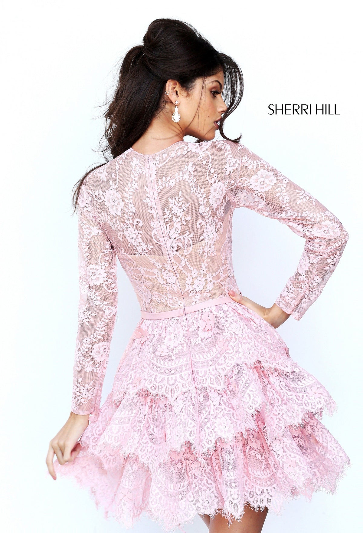 Sherri Hill 50686 long-sleeve lace cocktail dress with ruffled skirt