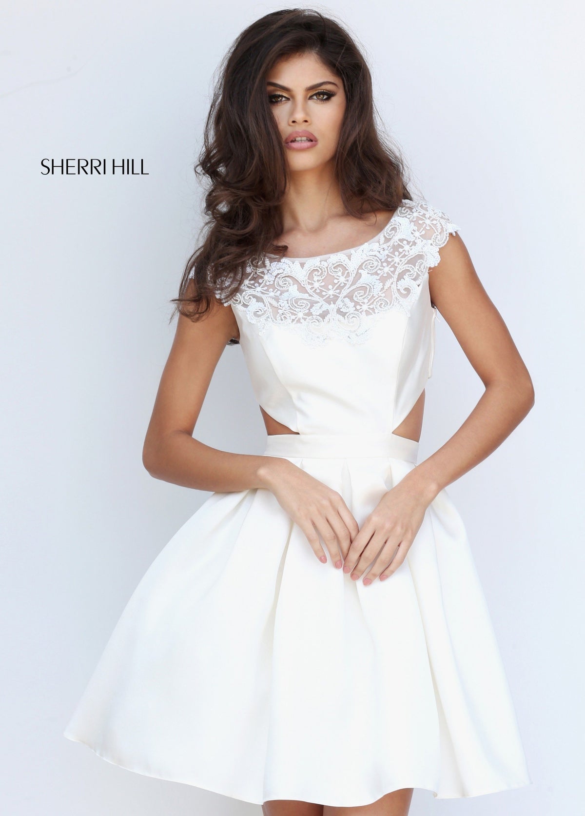 Sherri Hill 50682 one-shoulder cocktail dress with cutout in ivory