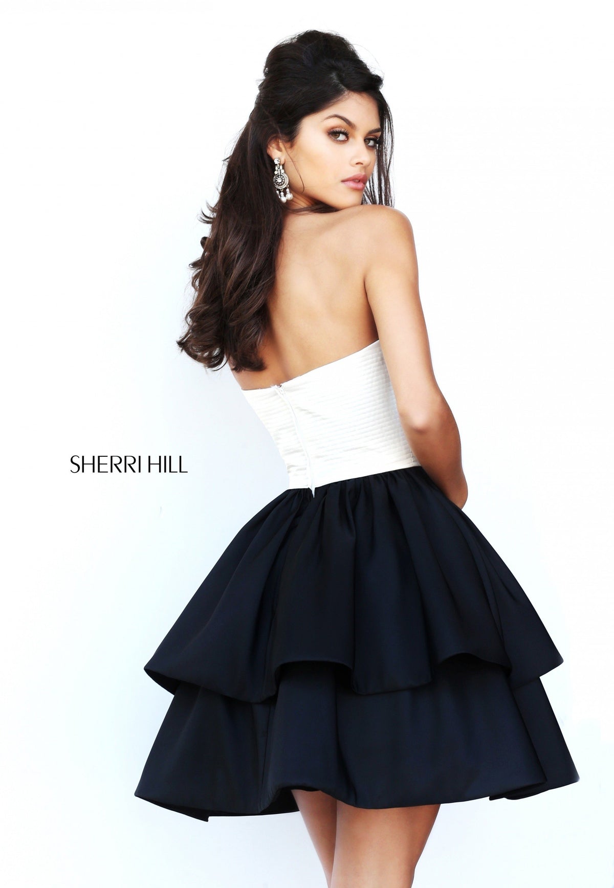 Sherri Hill 50673 strapless cocktail dress with tiered skirt in ivory/black