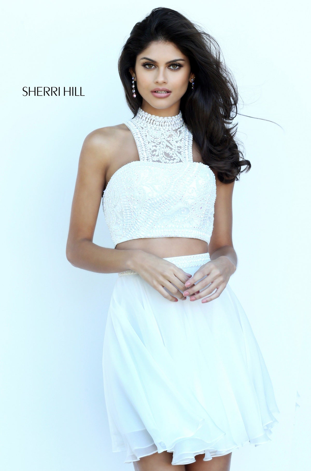 Sherri Hill 50672 two-piece high-neck cocktail dress in ivory