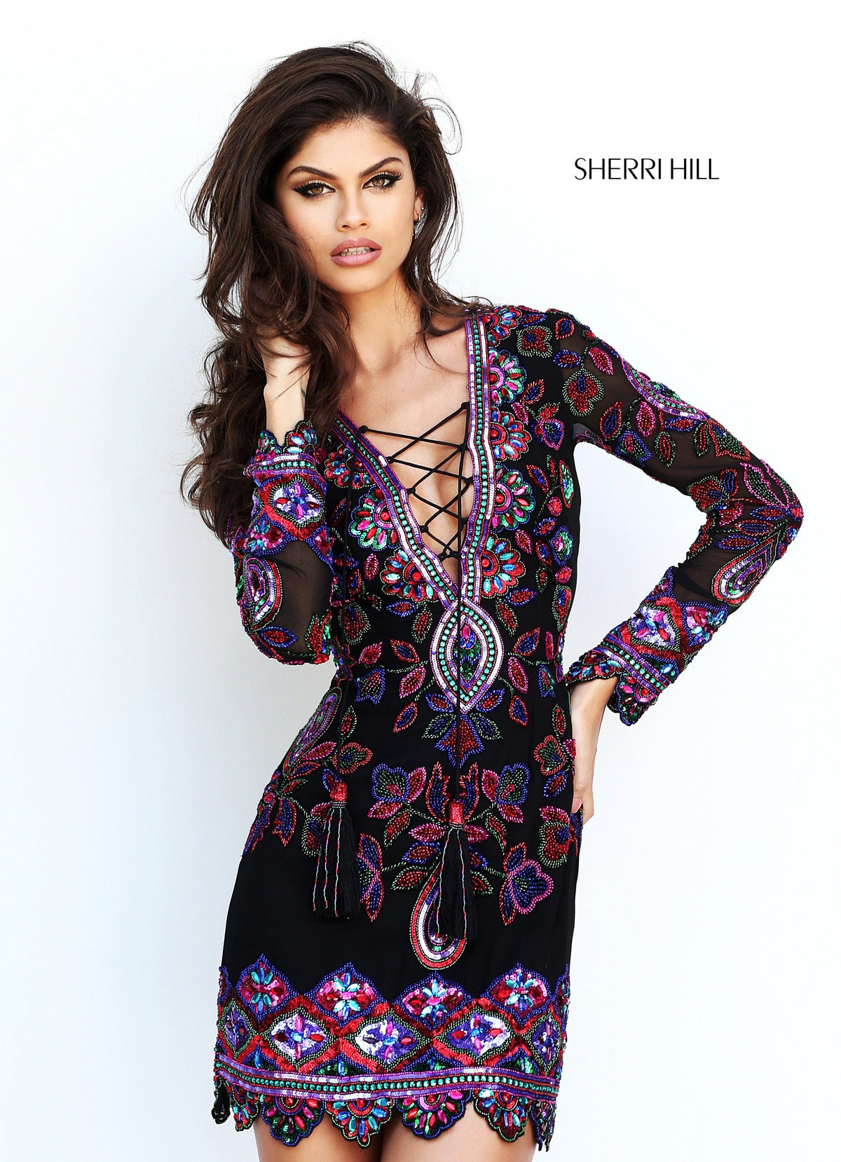 Sherri Hill 50666 long-sleeve embroidered cocktail dress in multi