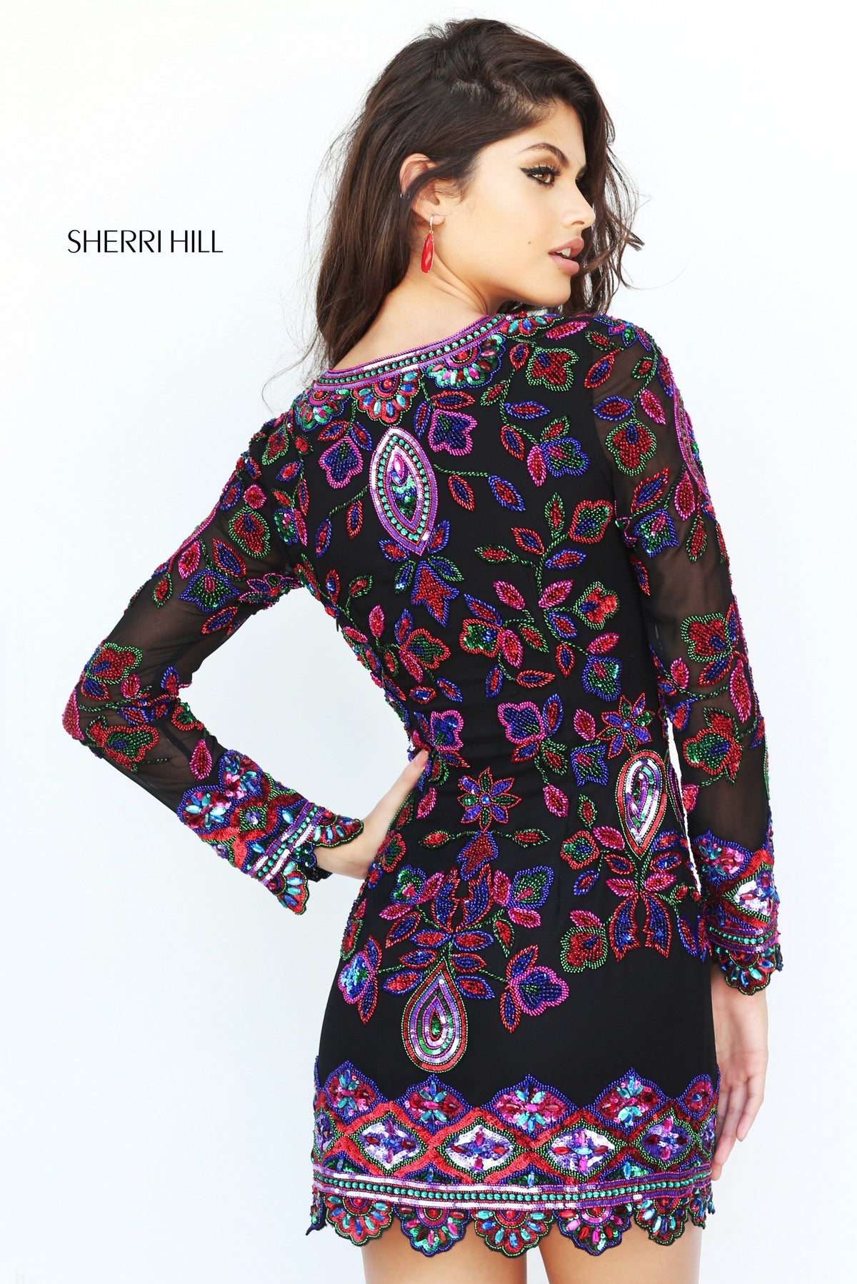 Sherri Hill 50666 long-sleeve embroidered cocktail dress in multi