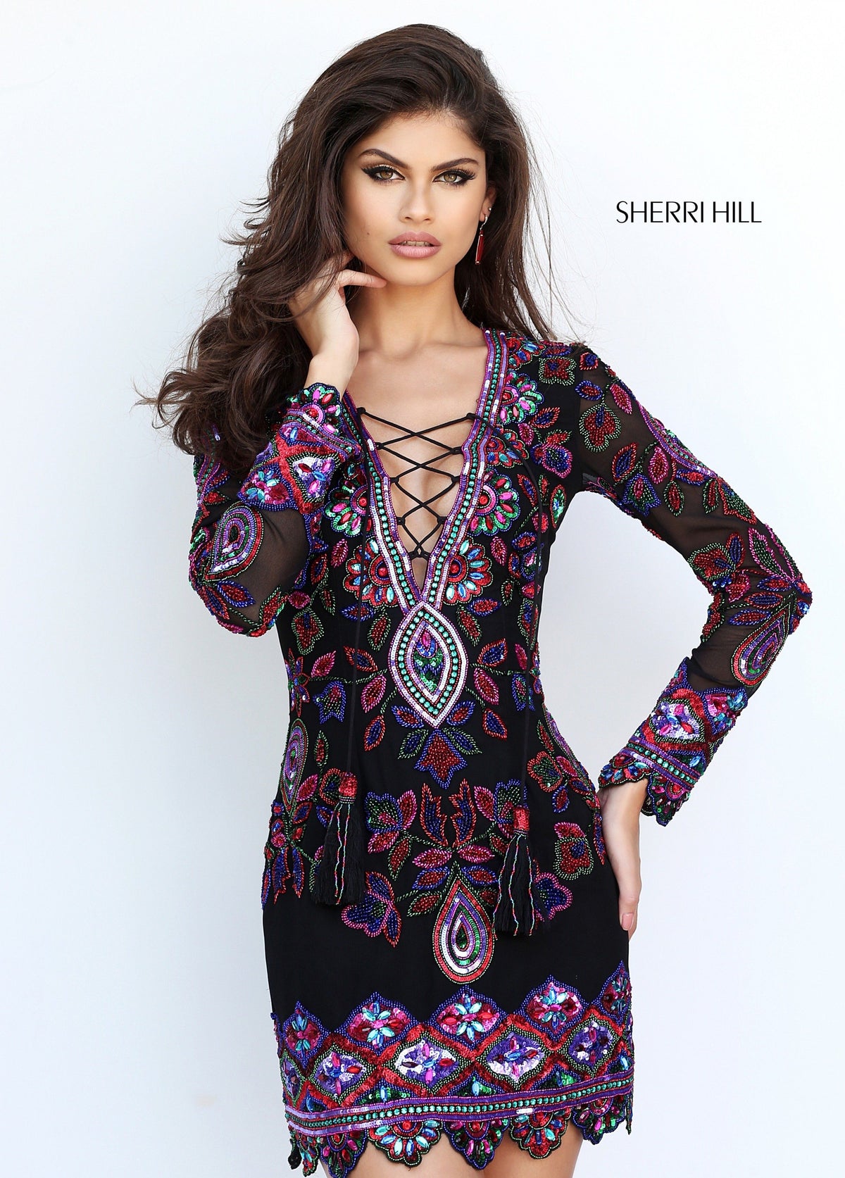 Sherri Hill 50666 long-sleeve embroidered cocktail dress in multi