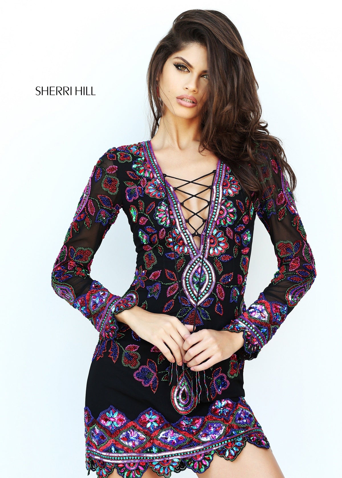 Sherri Hill 50666 long-sleeve embroidered cocktail dress in multi