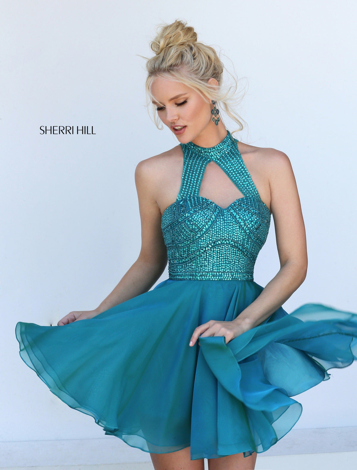 Sherri Hill 50519 halter beaded cocktail dress with keyhole in teal