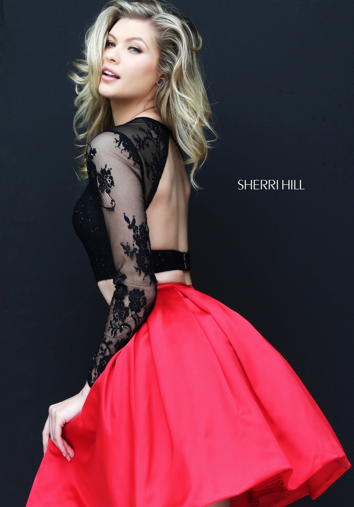 Sherri Hill 50533 two-piece cocktail dress with long-sleeve lace crop top