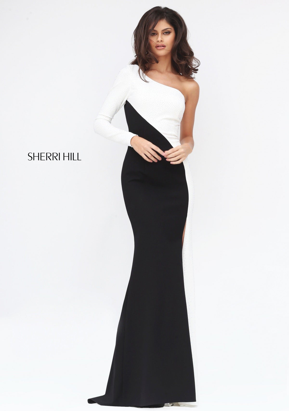 Sherri Hill 50648 one-shoulder color-block fitted gown with slit in ivory/black