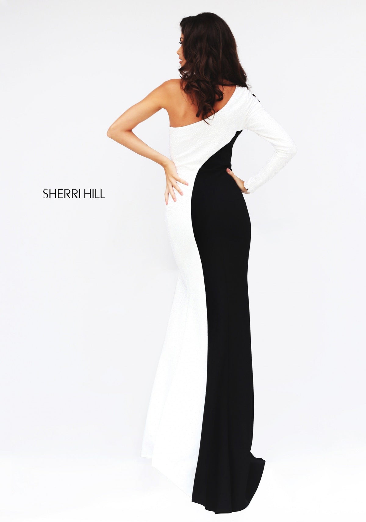 Sherri Hill 50648 one-shoulder color-block fitted gown with slit in ivory/black