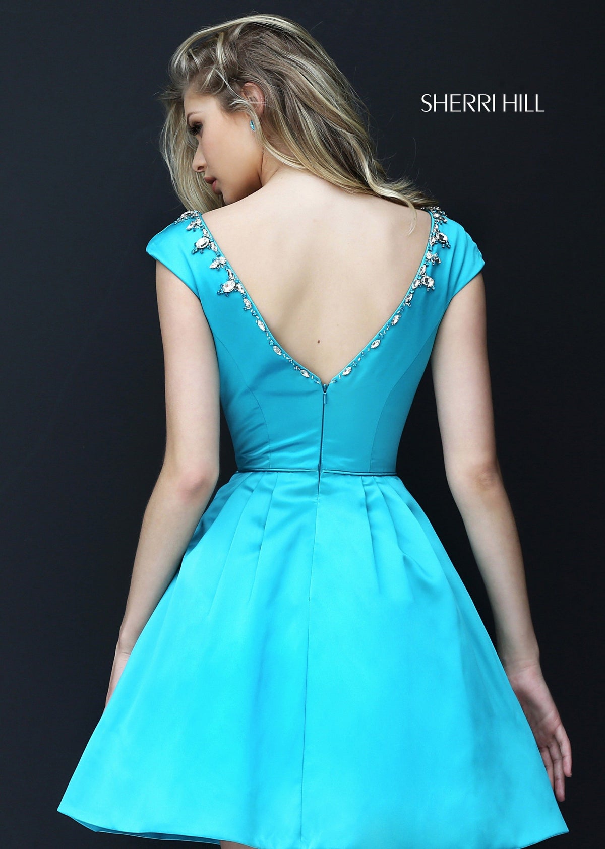 Sherri Hill 50534 cap-sleeve satin cocktail dress with beaded neckline