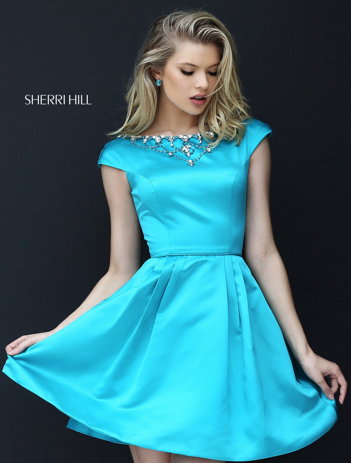 Sherri Hill 50534 cap-sleeve satin cocktail dress with beaded neckline in turquoise