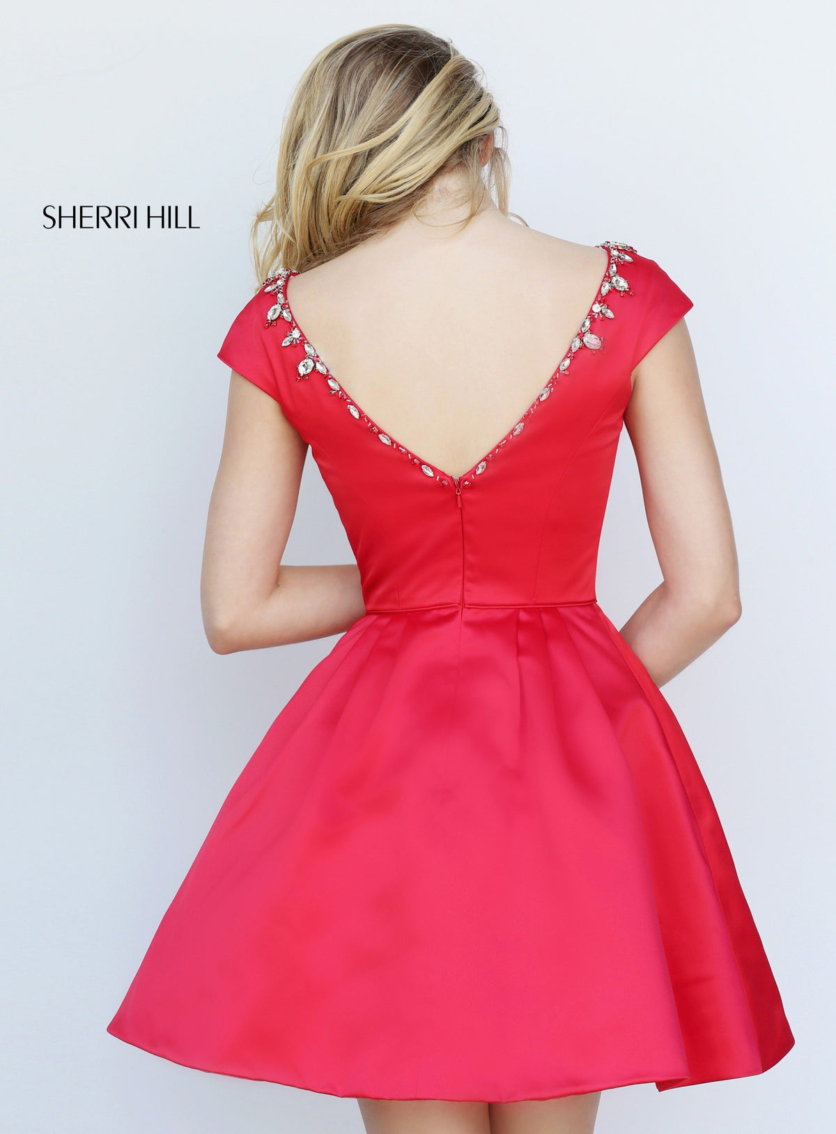 Sherri Hill 50534 cap-sleeve satin cocktail dress with beaded neckline