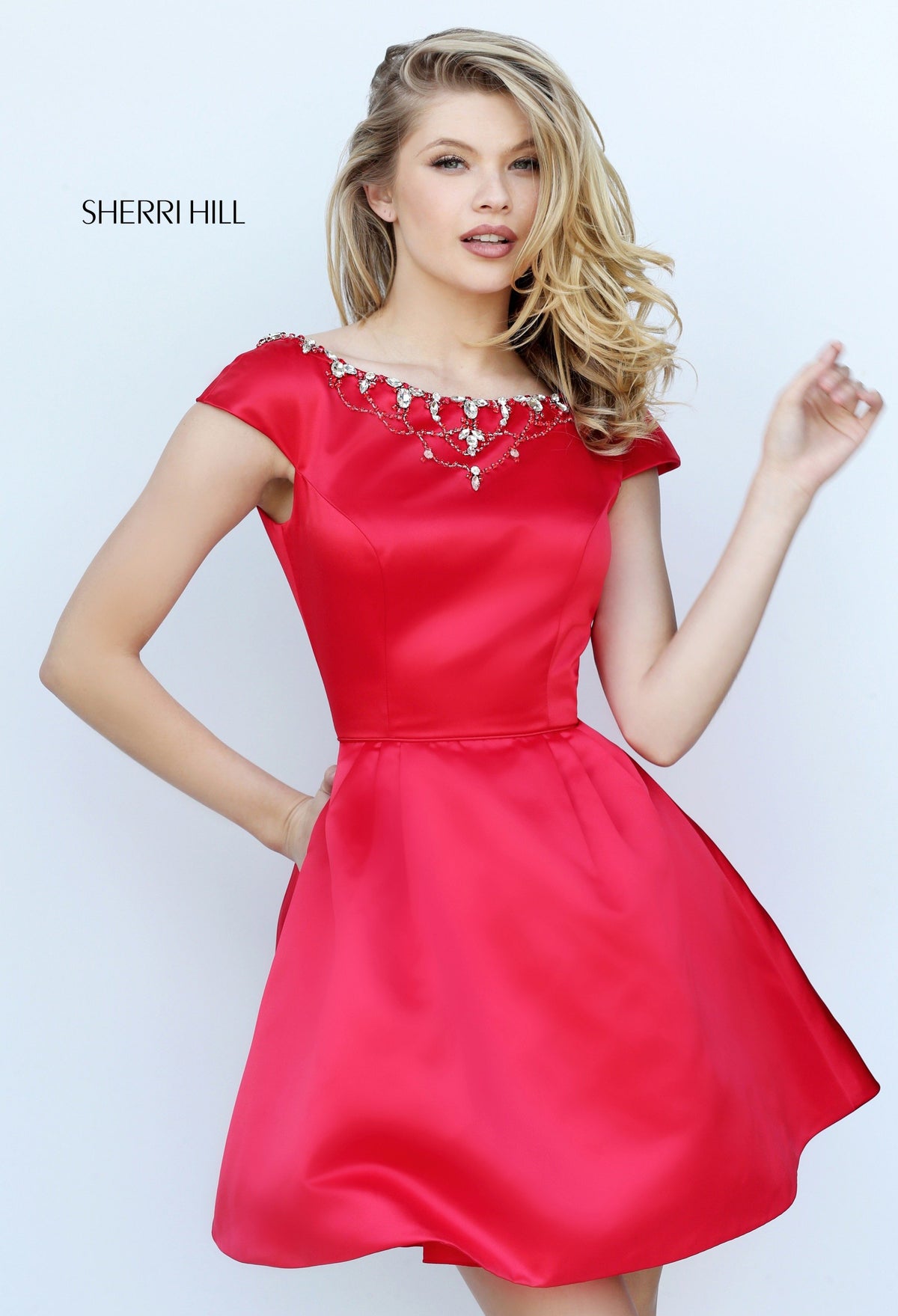 Sherri Hill 50534 cap-sleeve satin cocktail dress with beaded neckline in red