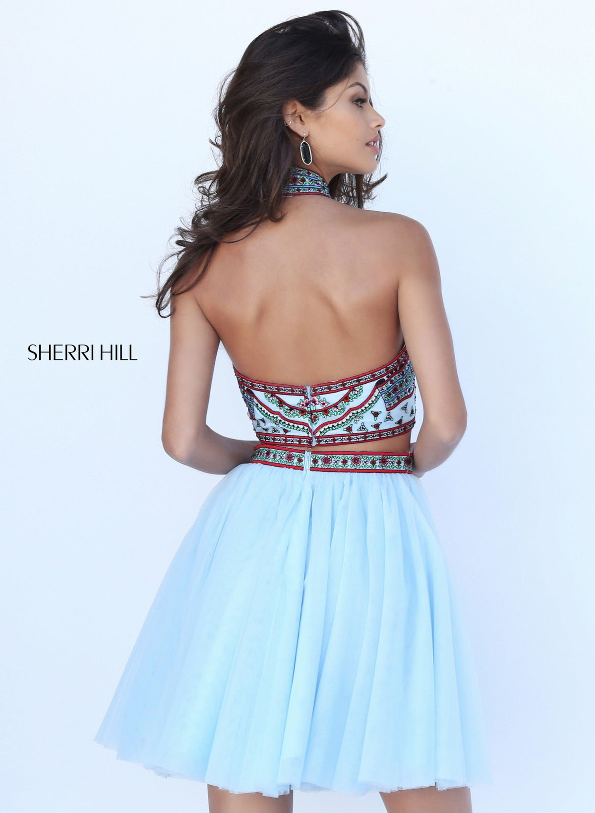 Sherri Hill 50645 two-piece halter embroidered cocktail dress with tulle skirt in light blue/multi
