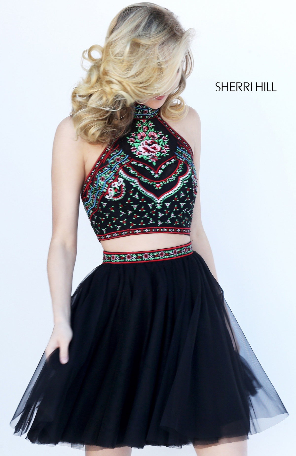Sherri Hill 50645 two-piece halter embroidered cocktail dress with tulle skirt in black/multi