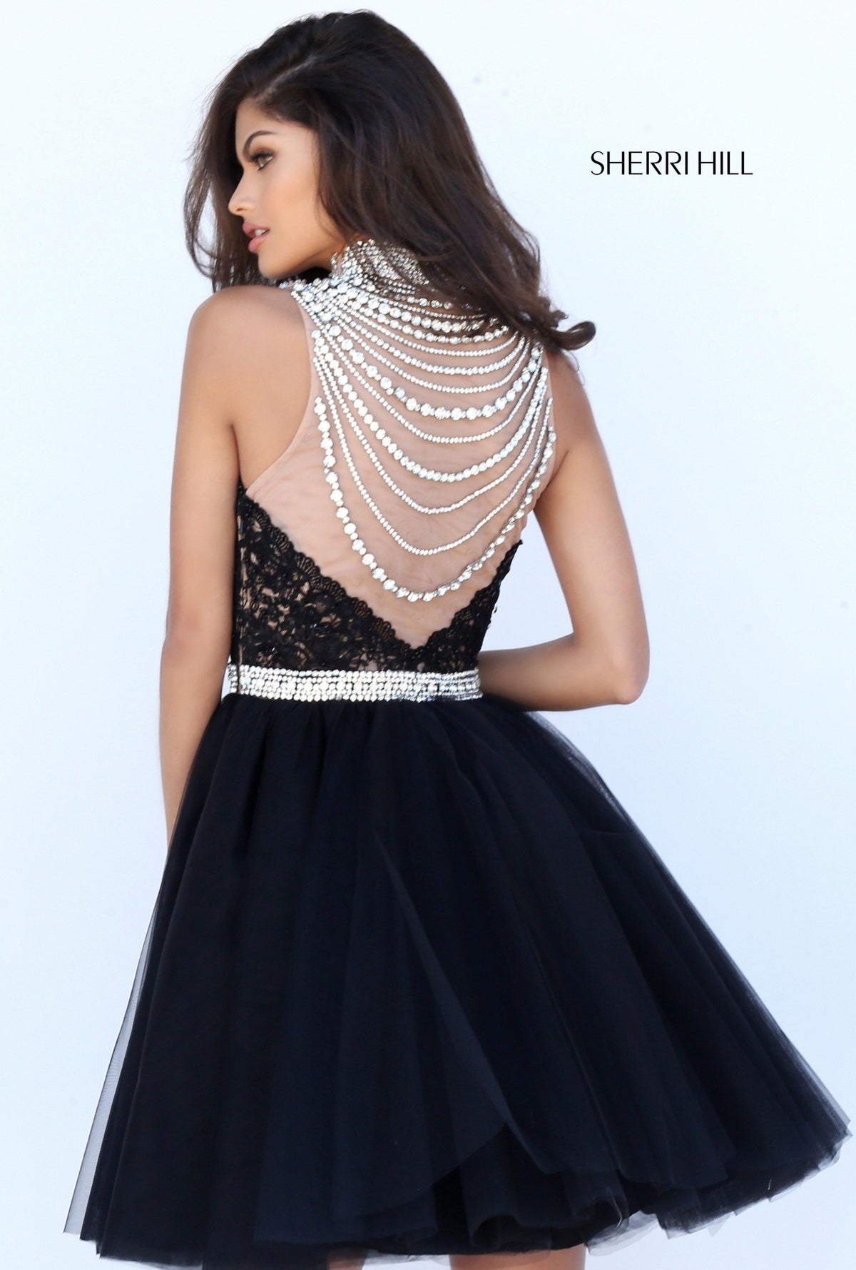Sherri Hill 50538 high-neck beaded bodice cocktail dress with tulle skirt
