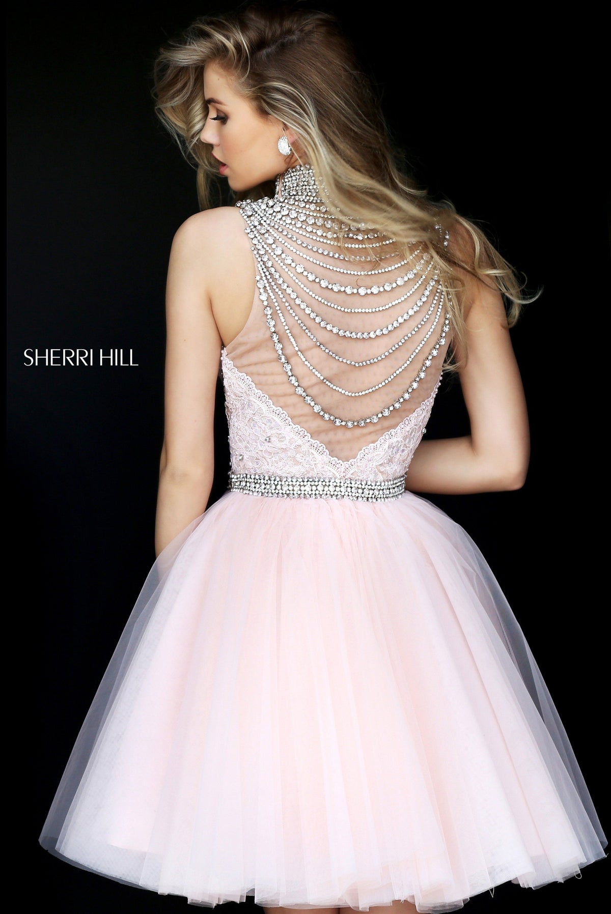 Sherri Hill 50538 high-neck beaded bodice cocktail dress with tulle skirt