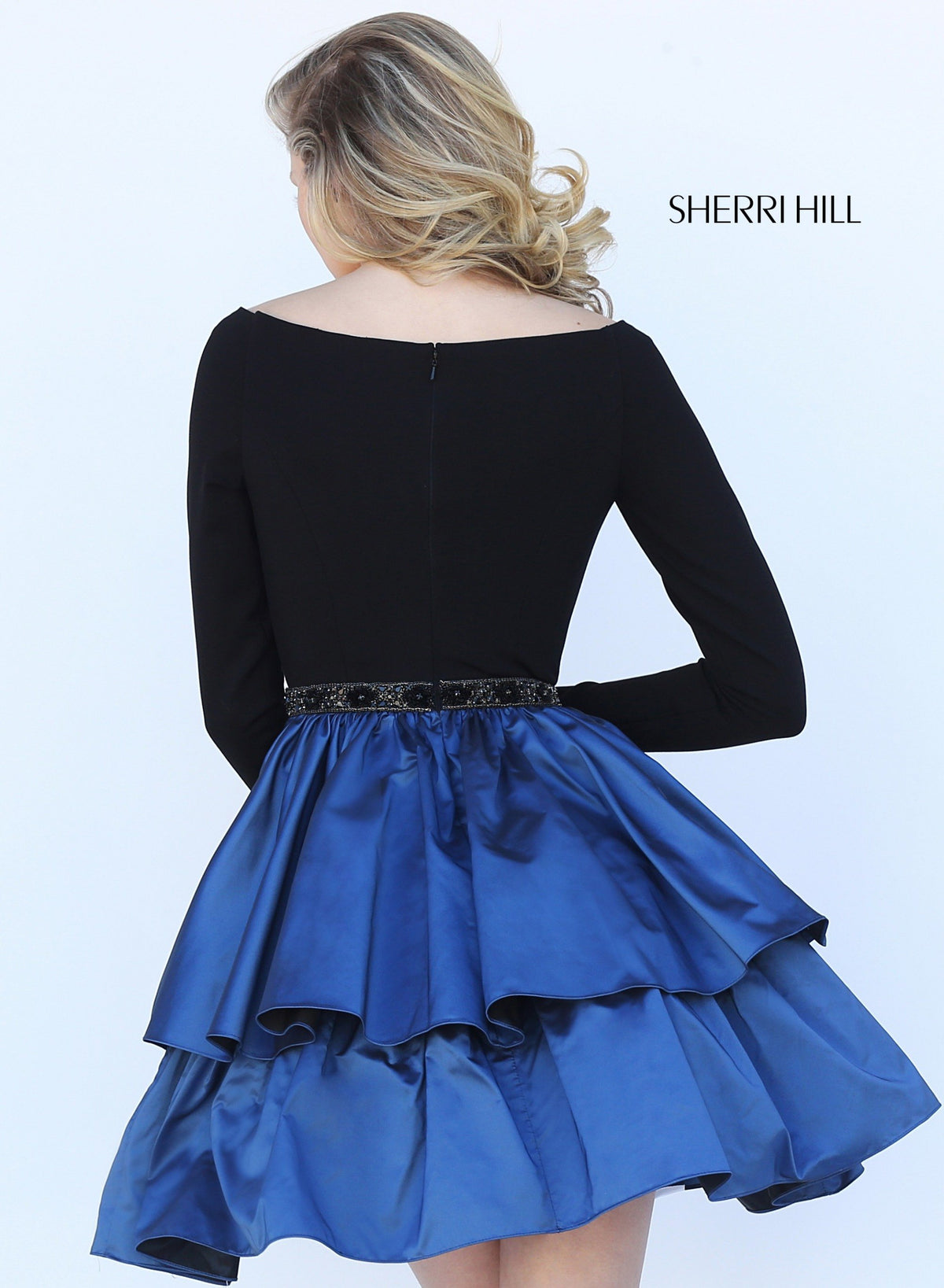 Sherri Hill 50641 two-piece long-sleeve cocktail dress with tiered skirt