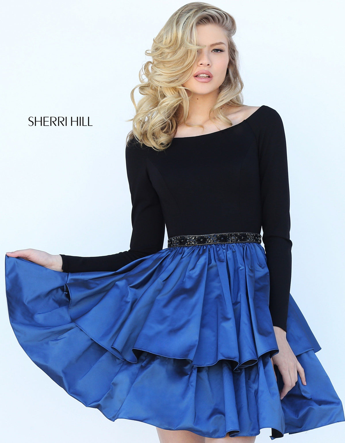 Sherri Hill 50641 two-piece long-sleeve cocktail dress with tiered skirt in black/royal