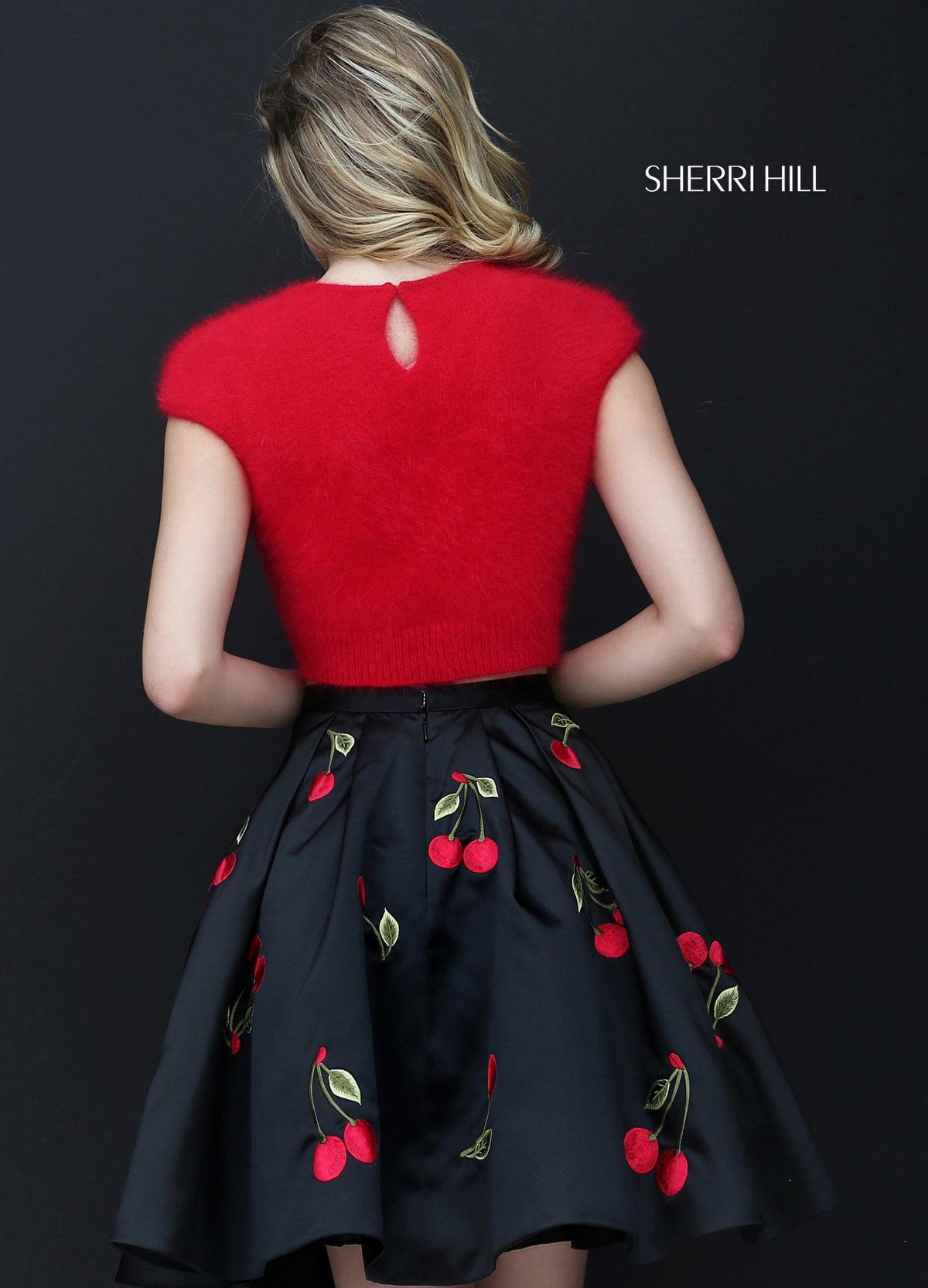 Sherri Hill 50553 two-piece cocktail dress with floral print skirt in red/black