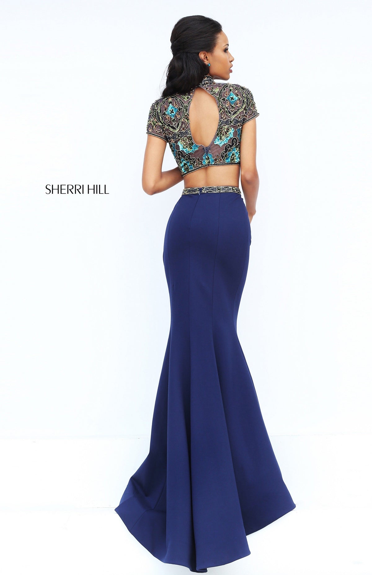 Sherri Hill 50540 two-piece fitted gown with beaded crop top and slit in navy