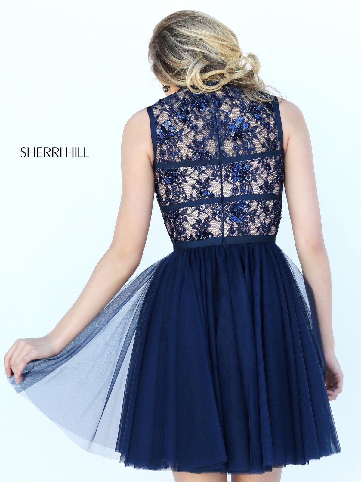 Sherri Hill 50636 high-neck lace bodice cocktail dress with tulle skirt