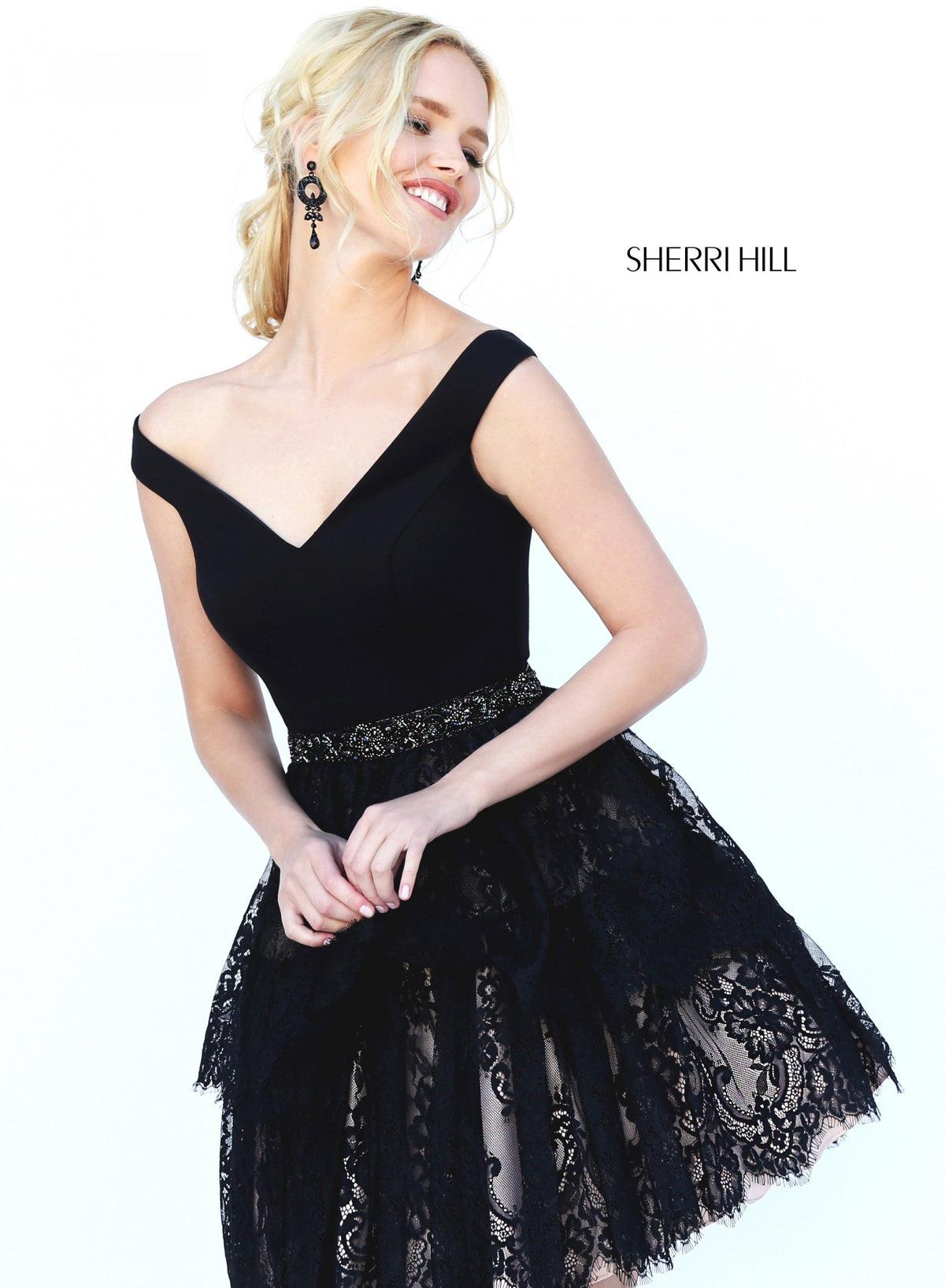 Sherri Hill 50635 V-neck cocktail dress with beaded waist and lace skirt in black