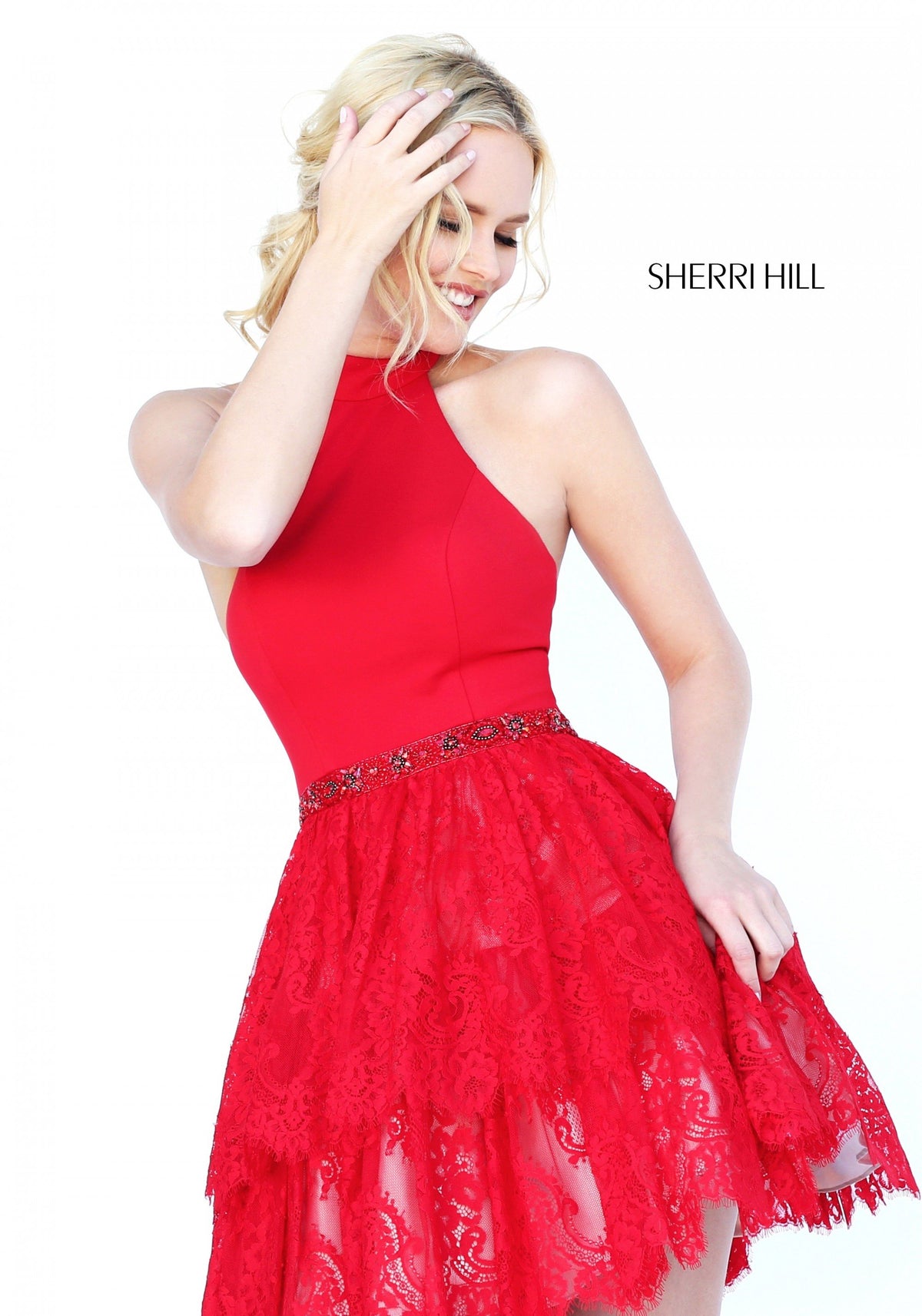 Sherri Hill 50634 halter cocktail dress with lace skirt in red