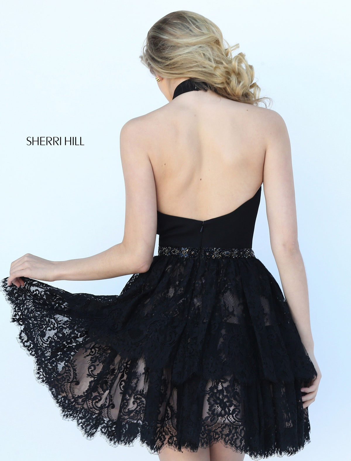 Sherri Hill 50634 halter cocktail dress with lace skirt