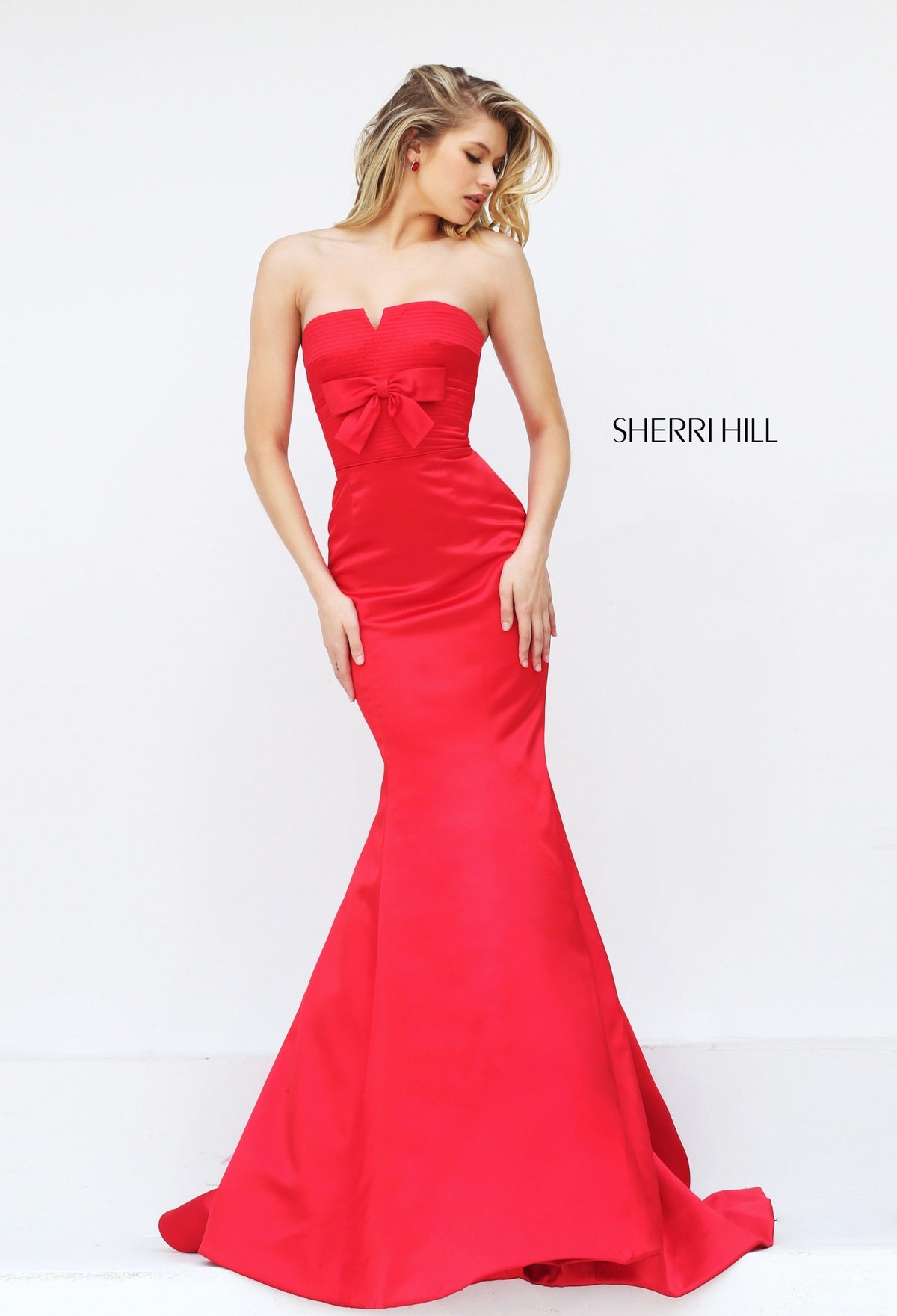 Sherri Hill 50543 strapless satin mermaid gown in red