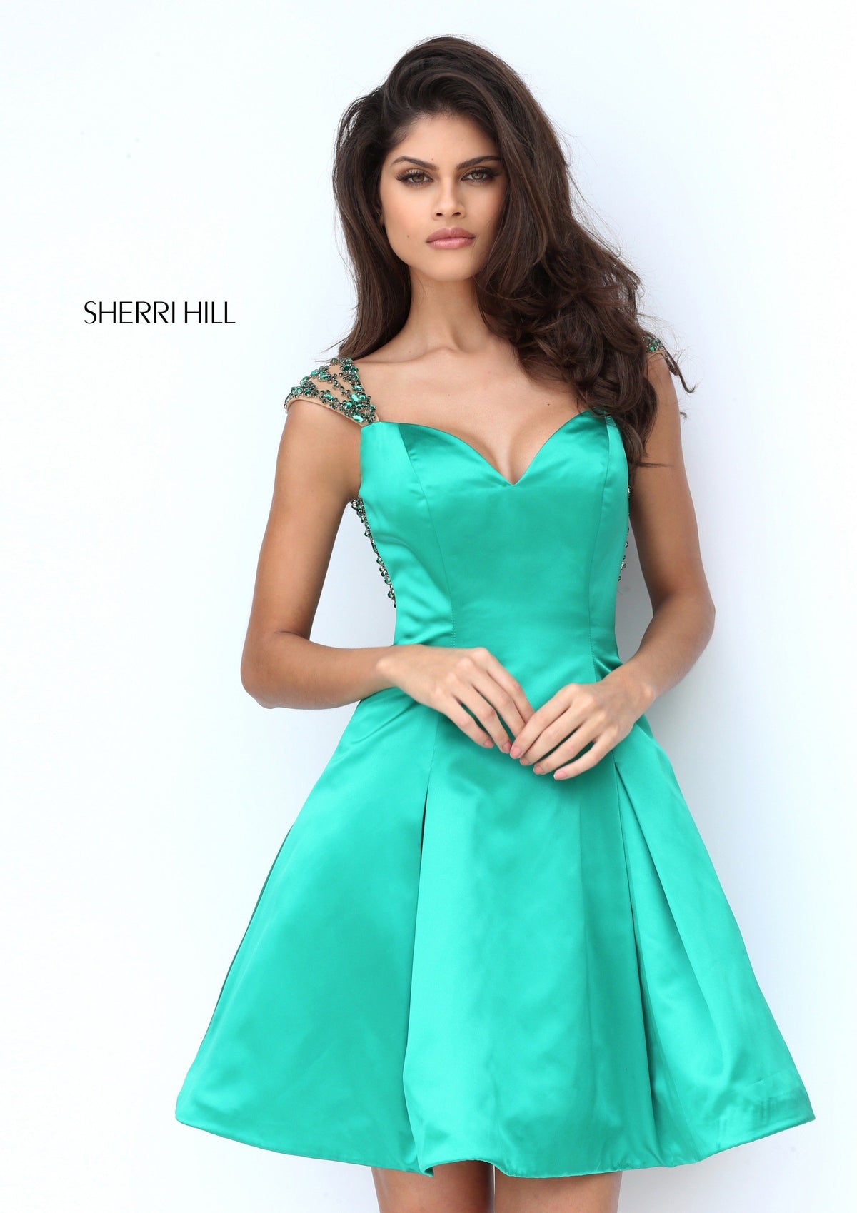 Sherri Hill 50548 V-neck satin cocktail dress in emerald