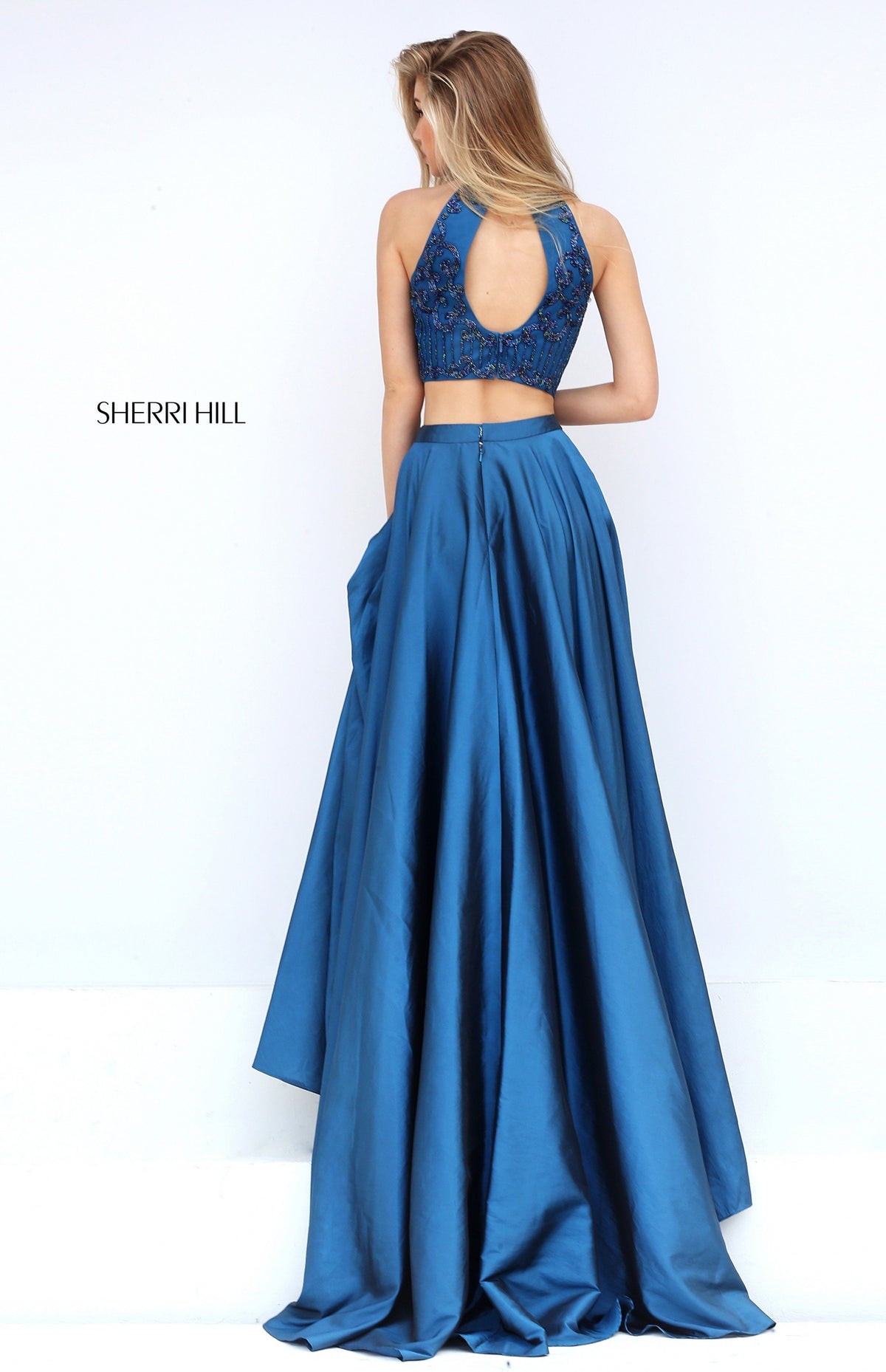 Sherri Hill 50627 two-piece satin gown with beaded crop top and slit