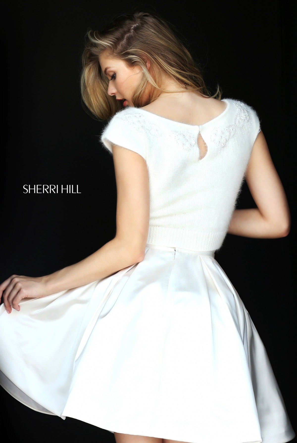 Sherri Hill 50551 two-piece satin cocktail dress in ivory