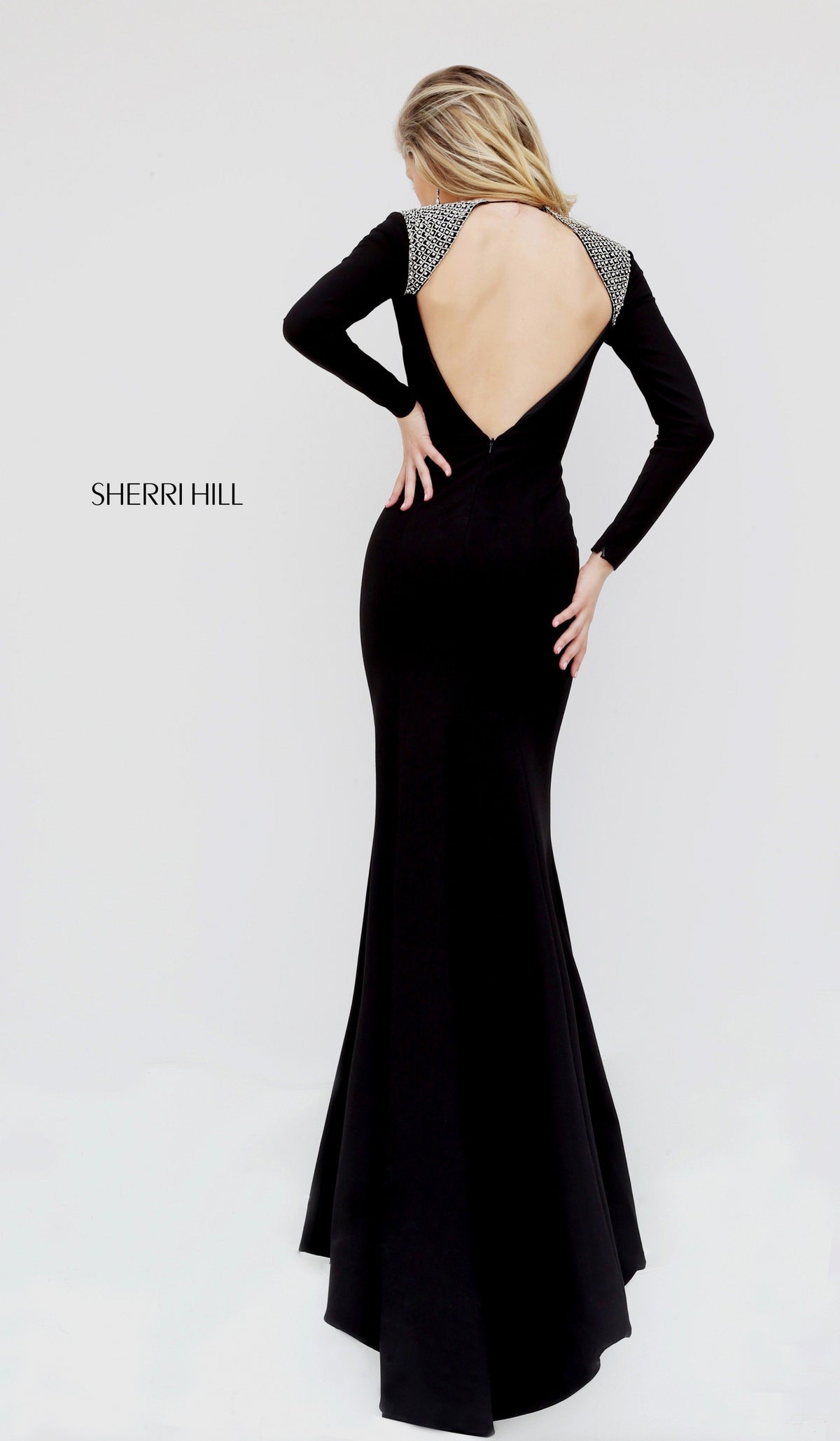 Sherri Hill 50618 V-neck long-sleeve fitted gown with slit