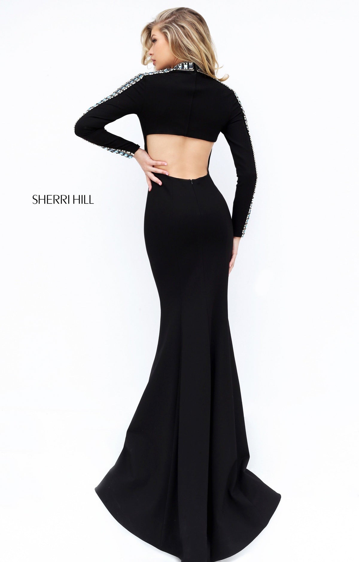Sherri Hill 50611 long-sleeve beaded fitted jersey gown