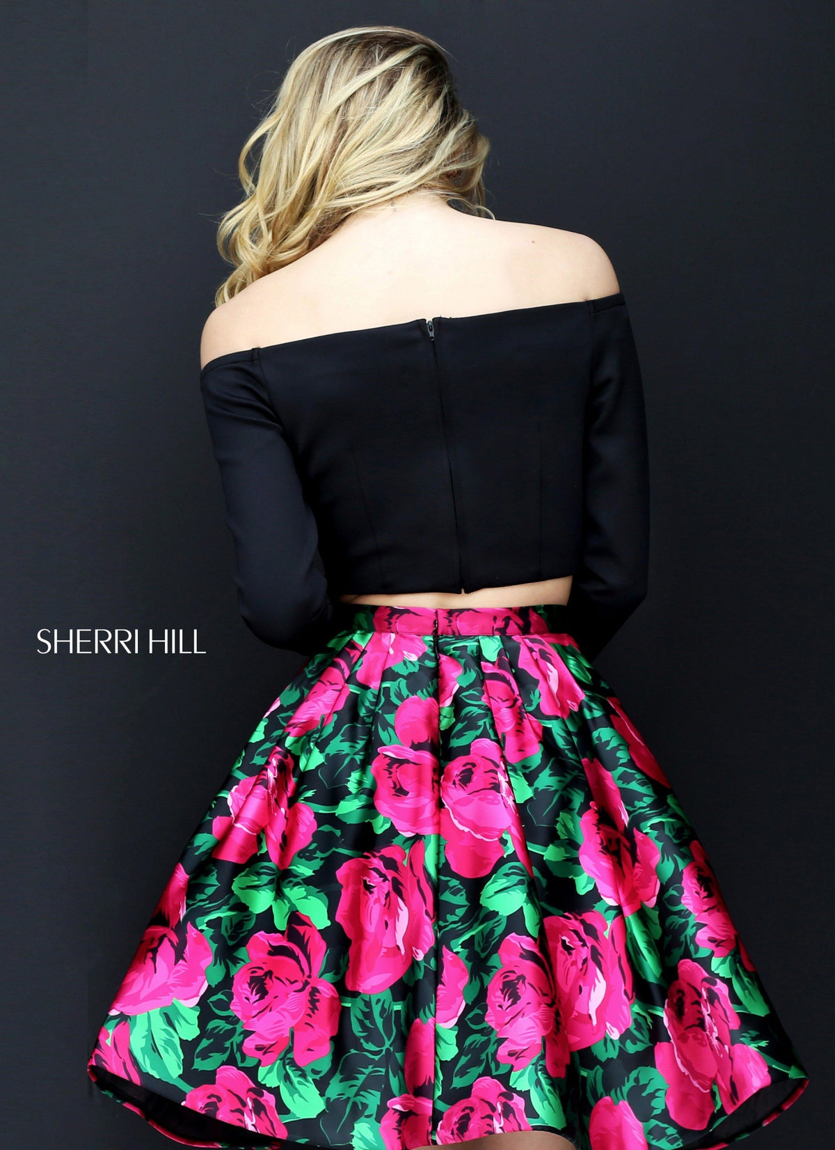 Sherri Hill 50583 two-piece off-the-shoulder floral print cocktail dress