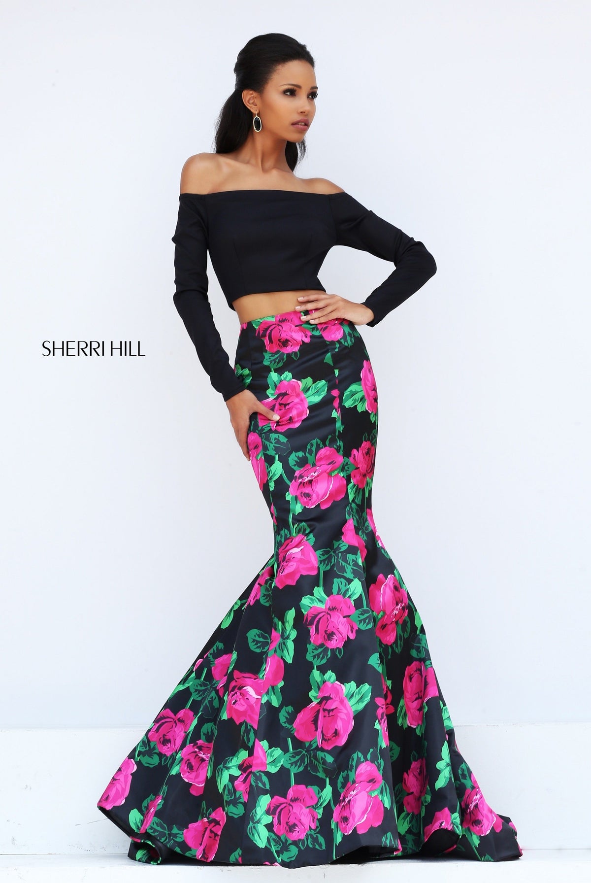 Sherri Hill 50584 two-piece floral print mermaid gown with long-sleeve crop top in black/fuchsia print