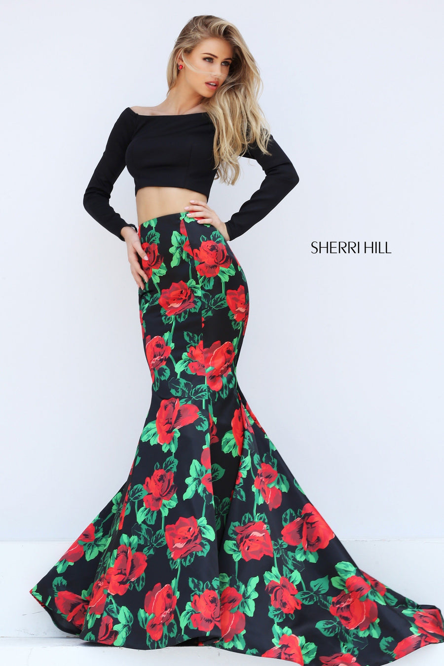 Sherri Hill style 50584 in black/fuchsia print